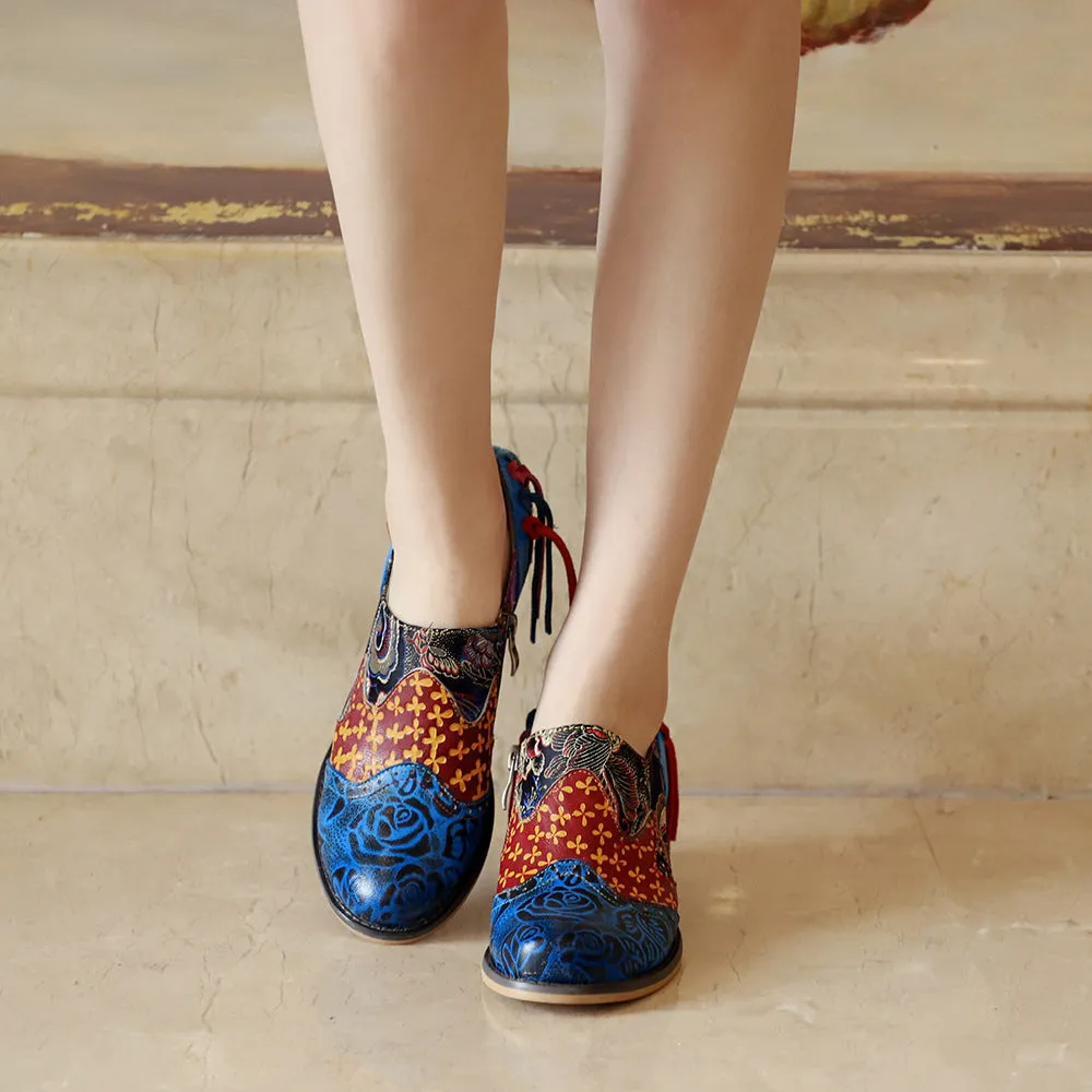 Zalor Bohemian Flower Printing Pattern Ankle Genuine Leather Boots