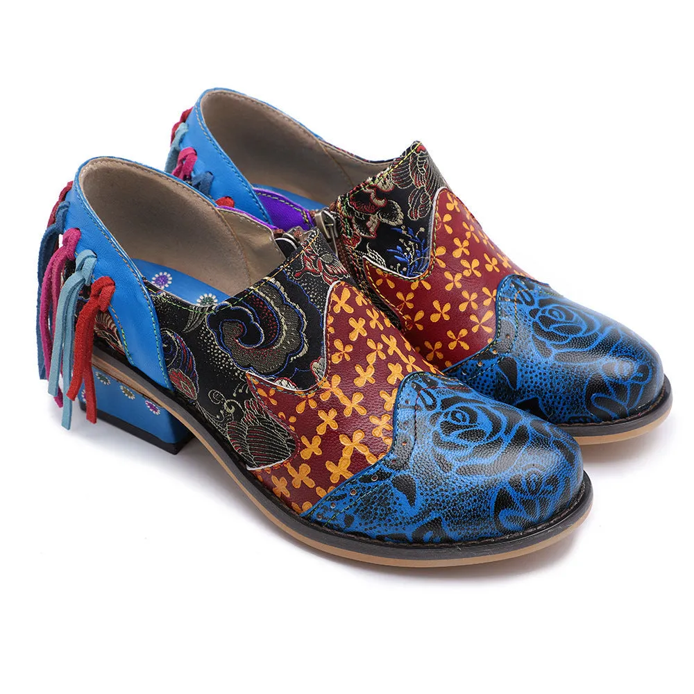 Zalor Bohemian Flower Printing Pattern Ankle Genuine Leather Boots