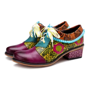 Zalor Bohemian Flower Splicing Pattern Lace Up Leather Low Heel Shoes